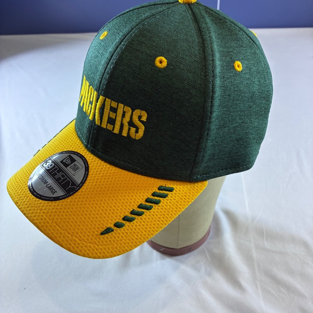 New Era 39THIRTY Green Bay Packers Hat Mens Medium-Large Stretch Fit Green Gold